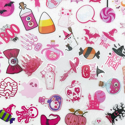 50-Piece Pink Halloween Stickers, Kawaii Ghost Pumpkin Cat Witch Vinyl Decals