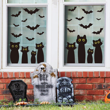 6-Sheet Halloween Black Cat Window Clings, Reusable Cat & Bat Silhouette Decals