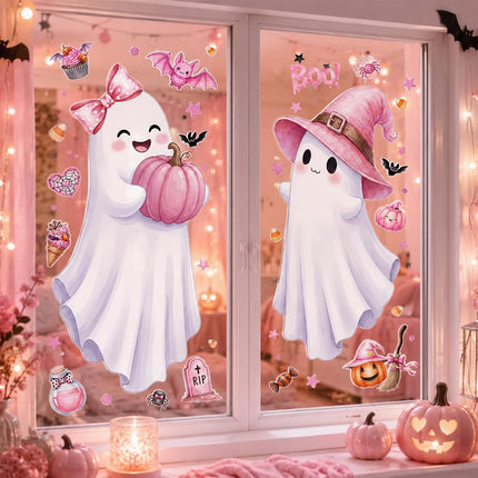 2-Sheet 3.3FT Pink Halloween Ghost Window Clings, Bat Cat Pumpkin Decals