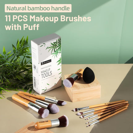 11 Piece Makeup Brush Set Bamboo Brushes & Sponge Foundation Blending
