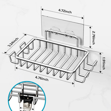 Bar Soap Holder for Shower – Stainless Steel, Adhesive with 4 Hooks, Silver