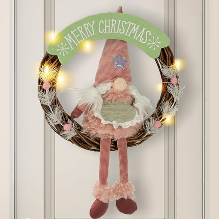 Christmas Gnome Wreath – 13.5" LED Lights & Timer for Door or Wall Decor