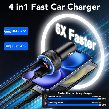 78W 4-Port USB-C Car Charger, 2 USB-C & 2 USB-A with Voltmeter, Metal Adapter