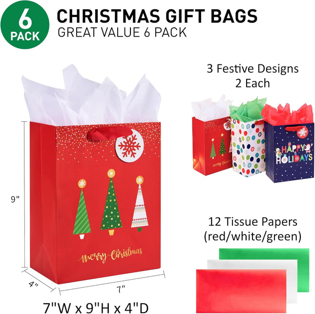6 Pack Small Christmas Gift Bags with Tissue Paper – 3 Festive Designs