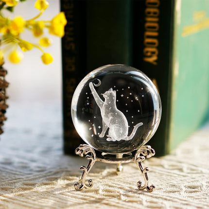 60mm 3D Cat Crystal Ball – Laser Etched Moon & Stars, Paperweight Decor