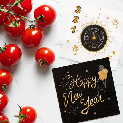 48-Piece Happy New Year 2026 Napkins – Disposable Black & Gold Tableware