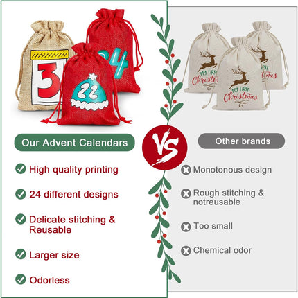 24PCS Christmas Advent Calendar Bags – Burlap Countdown Set with Drawstring & Clips