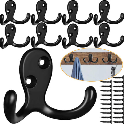 10-Pack Wall Hooks – Heavy Duty Black Coat & Double Robe Hooks, No Rust