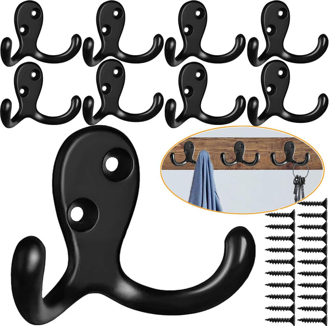 10-Pack Wall Hooks – Heavy Duty Black Coat & Double Robe Hooks, No Rust