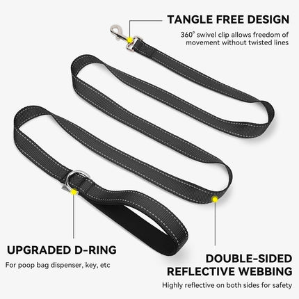 6 FT Dog Leash – Reflective, Padded Handle, Heavy Duty Nylon, Black