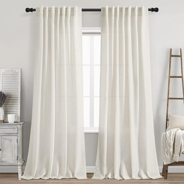 Ivory Linen Blend Curtains 84 Inch Long, 2 Natural Light Filtering Panels for Living Room