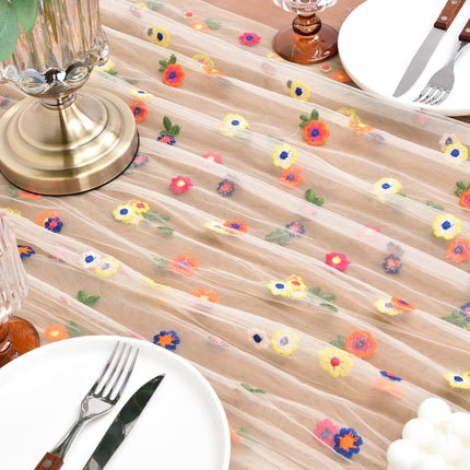 10ft Champagne Floral Daisy Table Runner, Embroidered Wildflower Tulle Decor