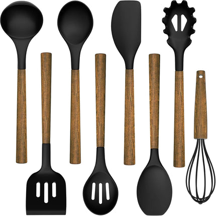 8-Piece Silicone Cooking Utensil Set, Acacia Wood Handles, Nonstick Kitchen Tools