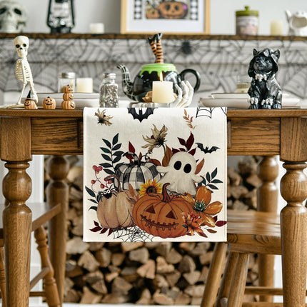 210 GSM Halloween Table Runner 13x72in, Pumpkin Ghost Spider Web Dining Decor