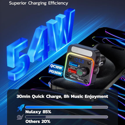 54W Car Adapter with FM Radio Transmitter, Fast Charging & Deep Bass