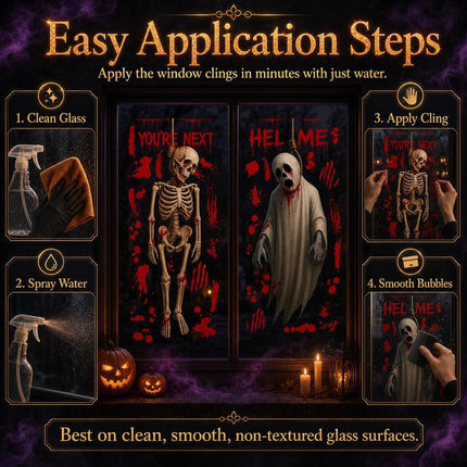 Scary Halloween Window Clings, Bloody Skeleton Ghost Pumpkin Bat Spider Decals