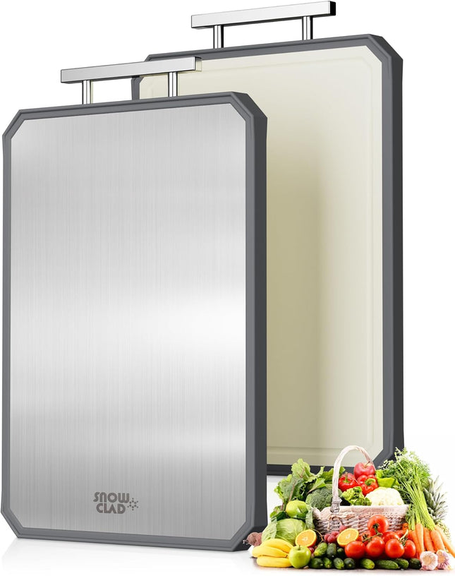 Large Stainless Steel & Wheat Straw Cutting Board, Double Sided Kitchen Board