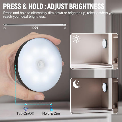 Motion Sensor Night Lights 2 Pack, LED Puck Lights, 3 Modes, Dimmable, Stick-On
