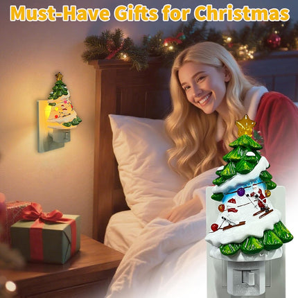 Christmas Night Light Plug into Wall – 120V Christmas Tree with Snowman & Santa Design