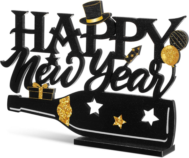 New Year 2026 Wood Table Centerpiece – Black & Gold Glitter Party Sign