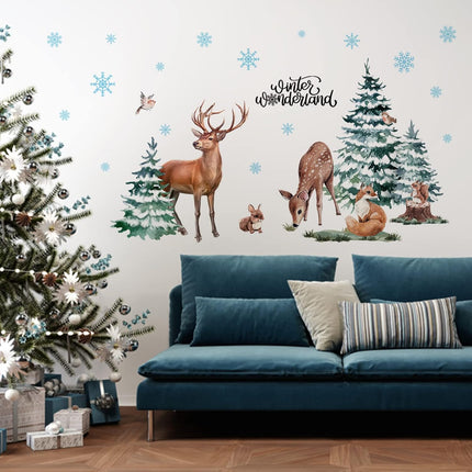 Winter Forest Deer Wall Stickers – Christmas Pine Trees & Animals for Holiday Decor