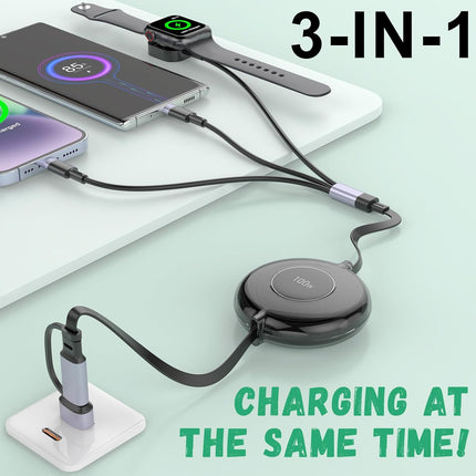 100W 5-in-1 Retractable USB Cable, Fast Charging for iWatch, iPhone & iPad