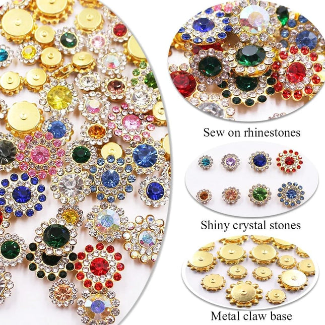 100 Pcs Mixed Color Sunflower Sew-On Rhinestones, Glass Crystal Gems in 8–14mm Sizes