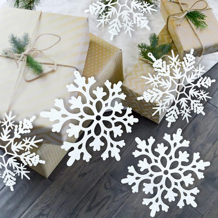 6-Pcs Glitter Snowflake Ornaments: 12” Large White Plastic Snowflakes for Indoor & Outdoor