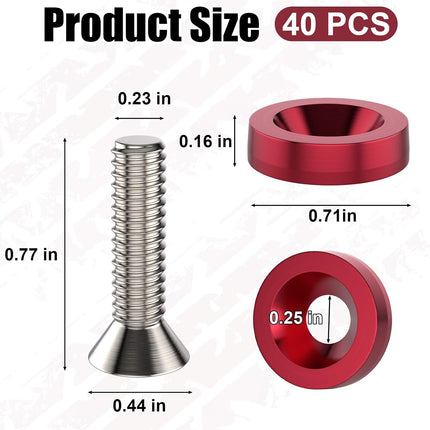 40PCS M6 Aluminum Engine Bay Dress Up Kit, Red Fender Bumper Bolts Washers