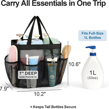 Mesh Shower Caddy with 8 Pockets & Handles – Dorm, Travel, Gym, Black