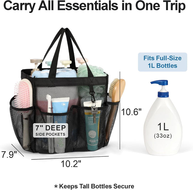 Mesh Shower Caddy with 8 Pockets & Handles – Dorm, Travel, Gym, Black