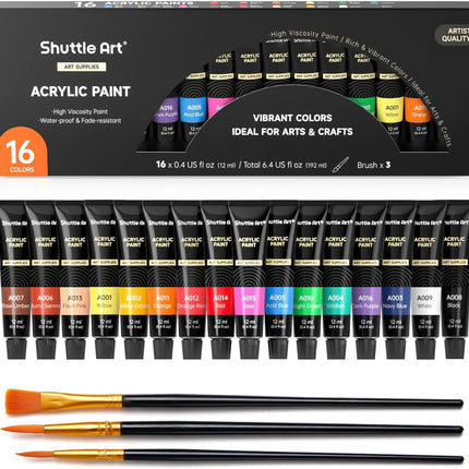 16-Piece Acrylic Paint Set – Rich Pigments for Canvas, Wood, Fabric & Clay