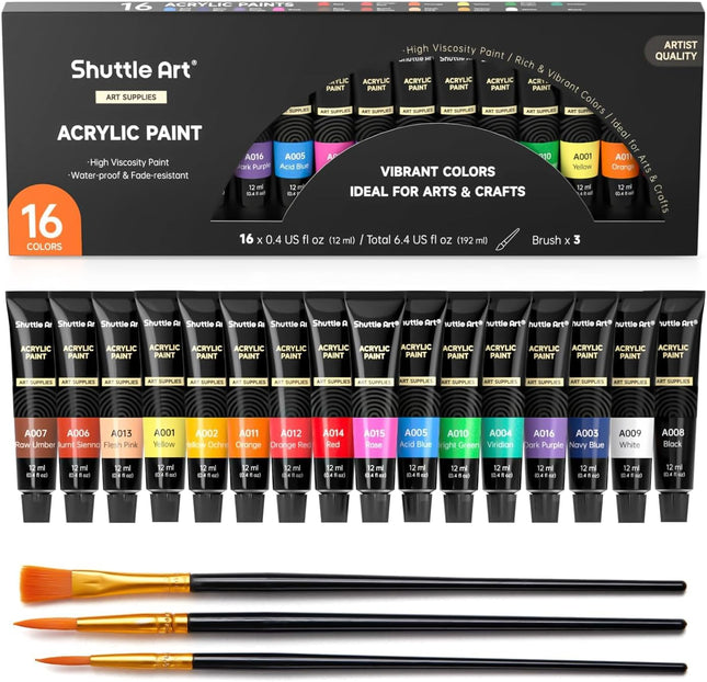 16-Piece Acrylic Paint Set – Rich Pigments for Canvas, Wood, Fabric & Clay