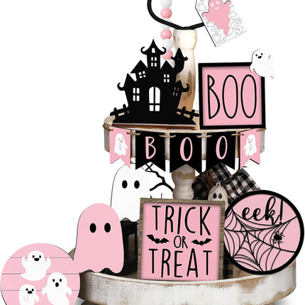 15-Piece Pink Halloween Ghost Tiered Tray Decor Set, Pastel Wooden Table Signs
