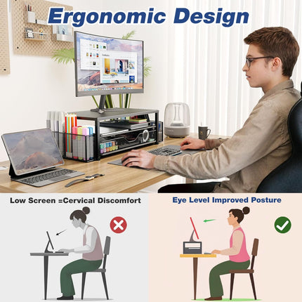 2-Tier Desk Organizer – Monitor Stand Riser with Drawer & Pen Holders, Black
