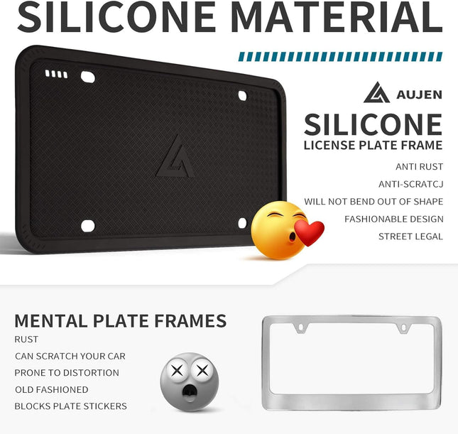 2-Pack Silicone License Plate Frames – Black, Rust-Proof, Weather & Rattle-Proof