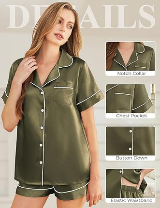 Silk Pajamas Women 2PC Satin Shorts Set Button Down Sleepwear S-XXL