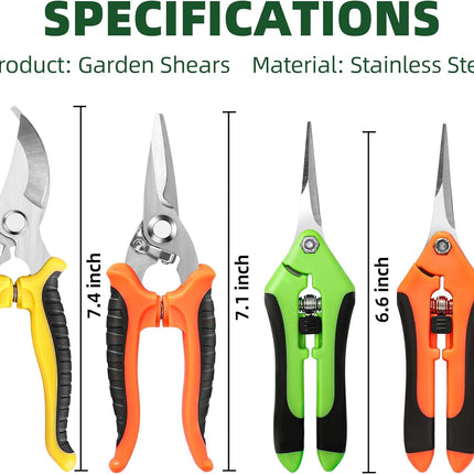 4PCS Garden Pruning Shears – Stainless Steel Clippers & Snips in Yellow, Orange, Green