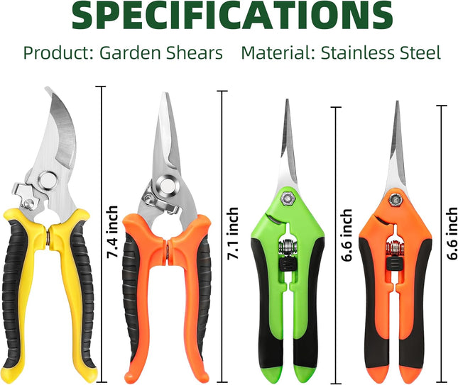 4PCS Garden Pruning Shears – Stainless Steel Clippers & Snips in Yellow, Orange, Green