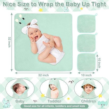 4-Piece Baby Towel Set, Elephant Hooded Bath Towel & 3 Washcloths, Soft Absorbent