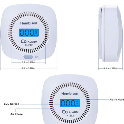 3-Pack Hembisen Carbon Monoxide Detectors with Digital Display, Battery Operated