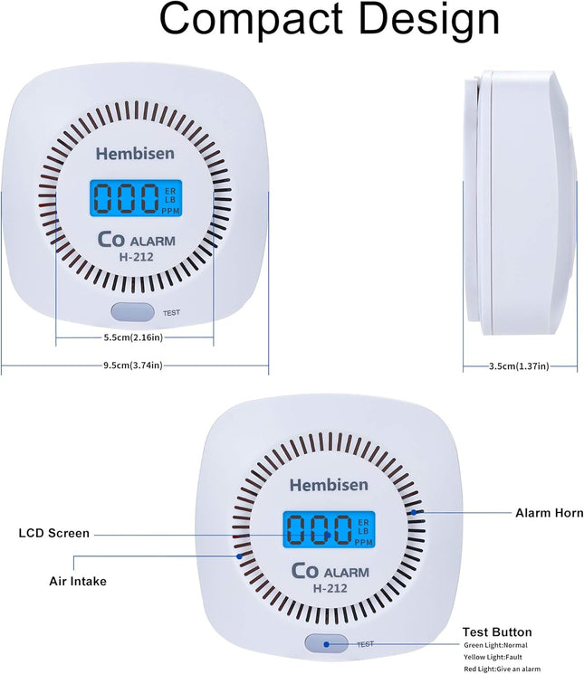 3-Pack Hembisen Carbon Monoxide Detectors with Digital Display, Battery Operated