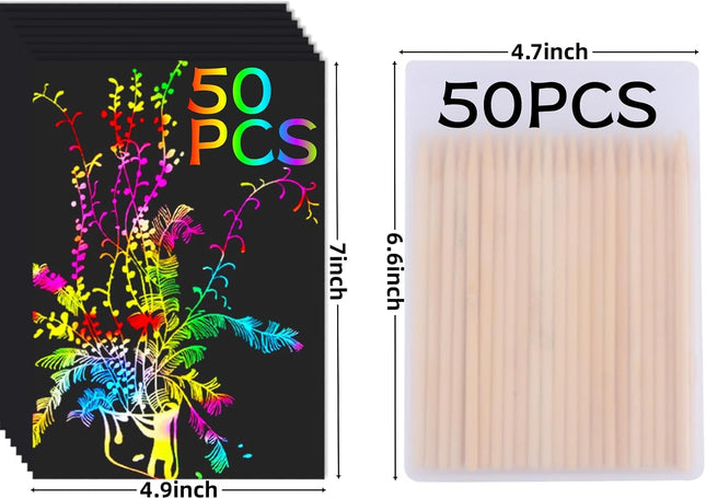 100 Pcs Rainbow Scratch Art Paper Kit Kids, Black Magic Scratch-Off Sheets Stylus Pens