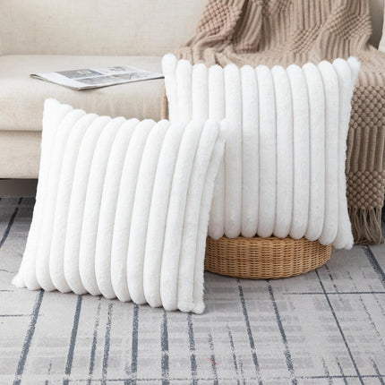 2-Pack Cream White Striped Faux Fur Pillow Covers 18x18, Plush Velvet Back