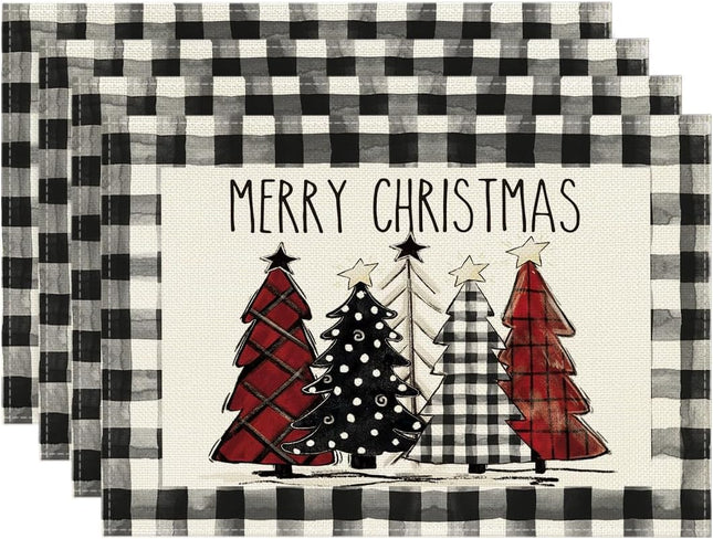 Buffalo Plaid Christmas Trees Placemats 12x18 – Set of 4 Winter Table Decor