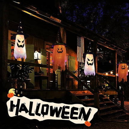 2-Pack 38in Hanging Lighted Ghosts with Witch Hats, LED Indoor Outdoor Halloween Decor