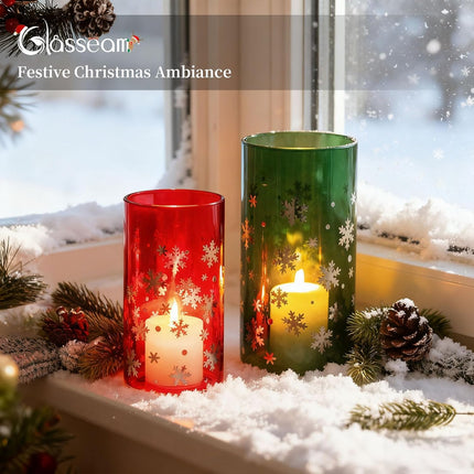 Christmas Glass Hurricane Candle Holders Red Green Silver Snowflake Centerpiece