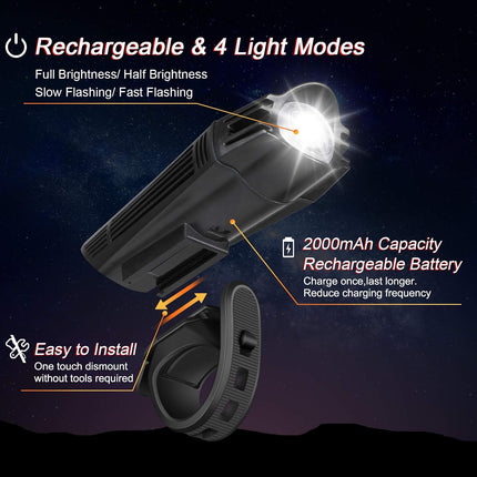 USB Rechargeable Bike Light Set, Ultra Bright Front Headlight & Rear Taillight, 4 Modes