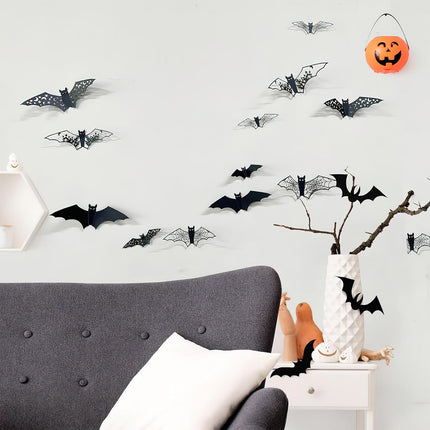 24PCS 3D Halloween Bat Wall Stickers, Waterproof Self-Adhesive PVC Door Room Decor