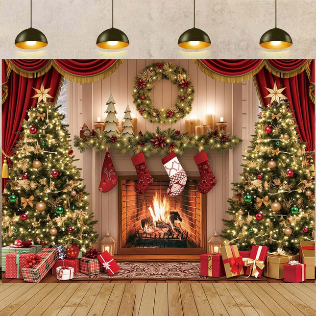Christmas Photography Backdrop – 6x4FT Tree & Fireplace Winter Party Banner